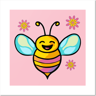 Happy smiling baby bee with flowers. Kawaii cartoon Posters and Art